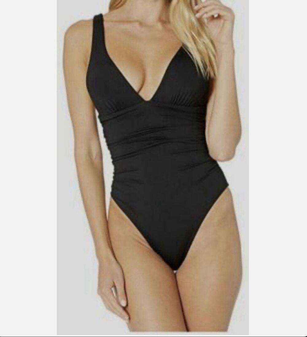NWOT L*Space Sydney Plunge One Piece Swimsuit 12 Black Ruched Cutout Back